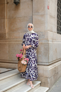 Leopar  Desenli Elbise Lacivert