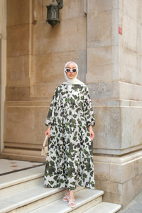 Leopar  Desenli Elbise Yeşil