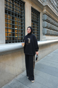 Leopar Desenli İkili Takım Siyah