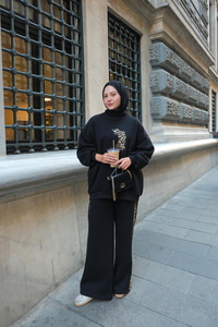 Leopar Desenli İkili Takım Siyah