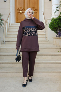 Leopar Desenli Takım Kahverengi