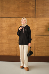 Leopar Fular Detay Sweat Siyah