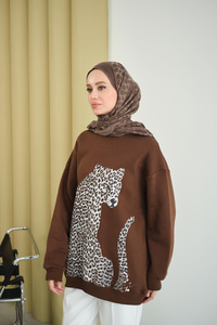 Leopar Kaplan Görünümlü Overise Sweat Kahverengi