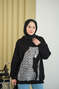 Leopar Kaplan Görünümlü Overise Sweat Siyah
