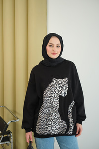 Leopar Kaplan Görünümlü Overise Sweat Siyah
