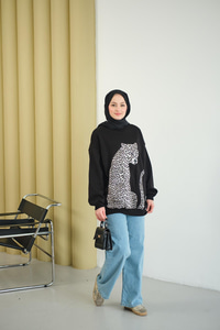 Leopar Kaplan Görünümlü Overise Sweat Siyah