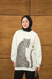 Leopar Kaplan Görünümlü Overise Sweat Beyaz