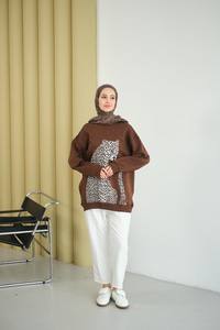 Leopar Kaplan Görünümlü Overise Sweat Kahverengi