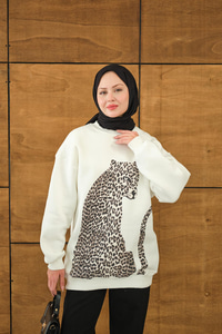 Leopar Kaplan Görünümlü Overise Sweat Beyaz
