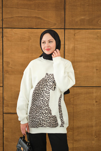 Leopar Kaplan Görünümlü Overise Sweat Beyaz