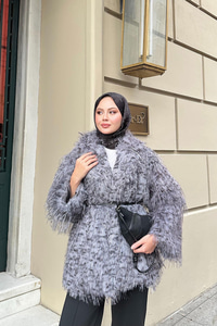 Leopar Kemer Detay Kürk Gri