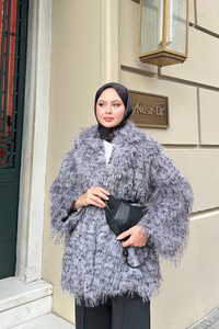 Leopar Kemer Detay Kürk Gri