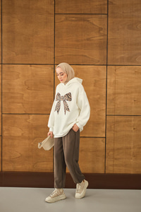 Leopar Kurdele Detaylı Sweat Ekru