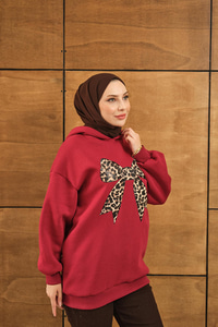 Leopar Kurdele Detaylı Sweat Kırmızı