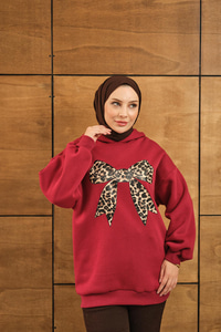 Leopar Kurdele Detaylı Sweat Kırmızı