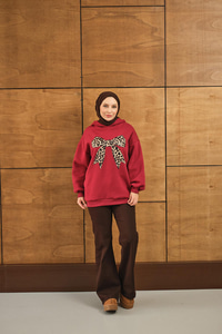 Leopar Kurdele Detaylı Sweat Kırmızı