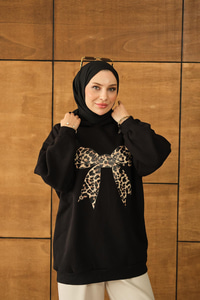 Leopar Kurdele Detaylı Sweat Siyah