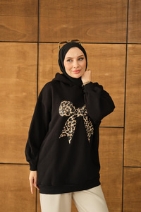 Leopar Kurdele Detaylı Sweat Siyah