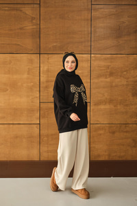 Leopar Kurdele Detaylı Sweat Siyah
