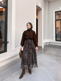 Leopar Parçalı Beli Lastik Detay Kırışık Şifon Etek Acı Kahve