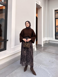 Leopar Parçalı Beli Lastik Detay Kırışık Şifon Etek Acı Kahve