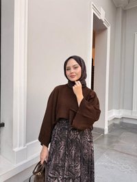 Leopar Parçalı Beli Lastik Detay Kırışık Şifon Etek Acı Kahve