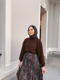 Leopar Parçalı Beli Lastik Detay Kırışık Şifon Etek Acı Kahve