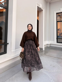 Leopar Parçalı Beli Lastik Detay Kırışık Şifon Etek Acı Kahve