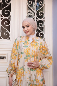 Limon Ağacı Desenli Elbise Sarı