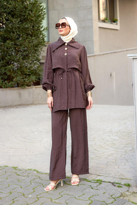 Mely Asimetrik Yakalı Alerli Takım Kahverengi