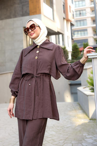 Mely Asimetrik Yakalı Alerli Takım Kahverengi