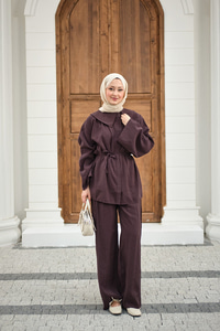 Mendil Yaka Bel Bağlamalı Takım Mürdüm