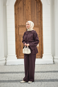 Mendil Yaka Bel Bağlamalı Takım Mürdüm