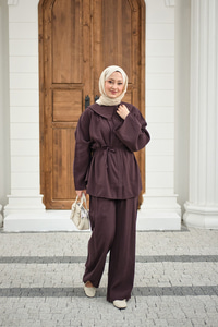 Mendil Yaka Bel Bağlamalı Takım Mürdüm