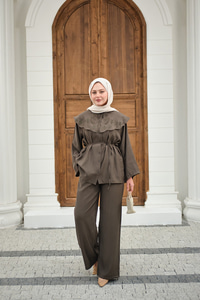 Mendil Yaka Nakış Çiçek Detay Takım Haki Yeşil