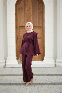 Mendil Yaka Nakış Çiçek Detay Takım Mürdüm