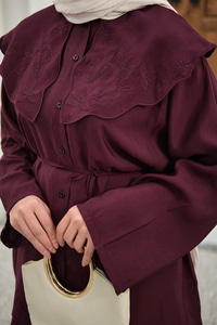 Mendil Yaka Nakış Çiçek Detay Takım Mürdüm