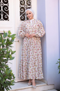 Menekşe Desen Elbise Beyaz