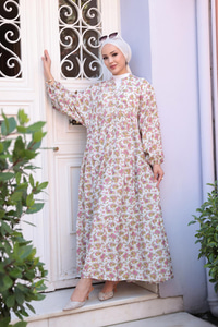 Menekşe Desen Elbise Beyaz