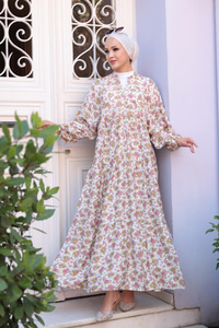 Menekşe Desen Elbise Beyaz