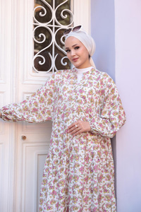 Menekşe Desen Elbise Beyaz