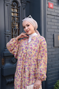 Menekşe Desen Elbise Sarı