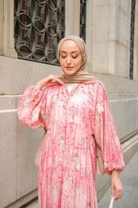 Mercan Desenli Elbise Fuşya