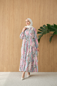 Mini Gül Desen Elbise Mavi