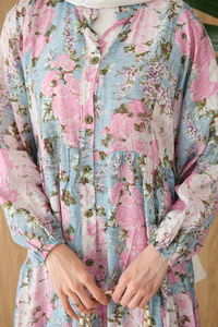 Mini Gül Desen Elbise Mavi