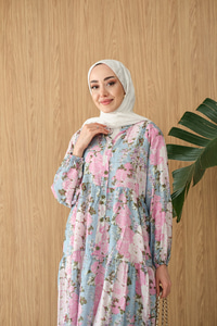 Mini Gül Desen Elbise Mavi