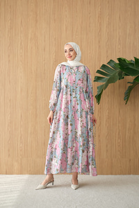 Mini Gül Desen Elbise Mavi