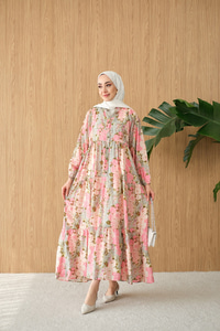 Mini Gül Desen Elbise Pembe