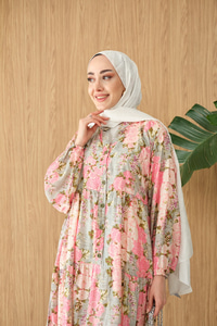 Mini Gül Desen Elbise Pembe