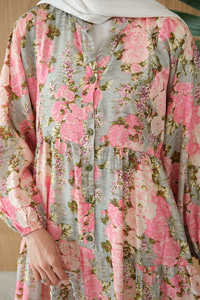 Mini Gül Desen Elbise Pembe